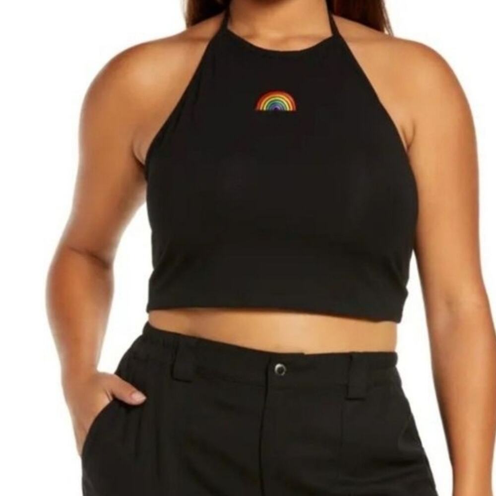 Bp plus size pride rainbow graphic crop halter top black 1X